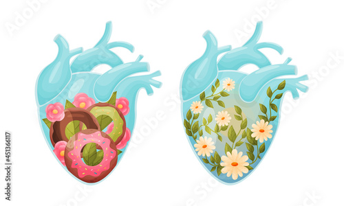 Blooming flowers and fabulous world inside human hearts vector illustration