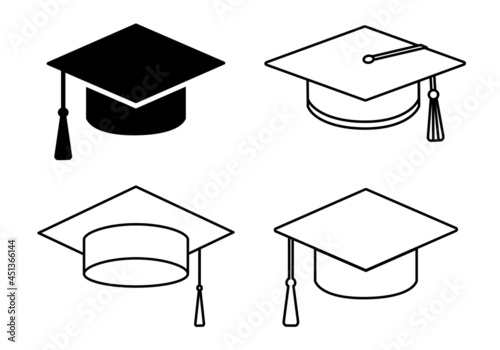 Set of neat graduation cap with tassel. Official education symbol, mortarboard or graduation cap. Student accessory, hat. Black contours isolated on a white background. Laconic flat style. Vector.