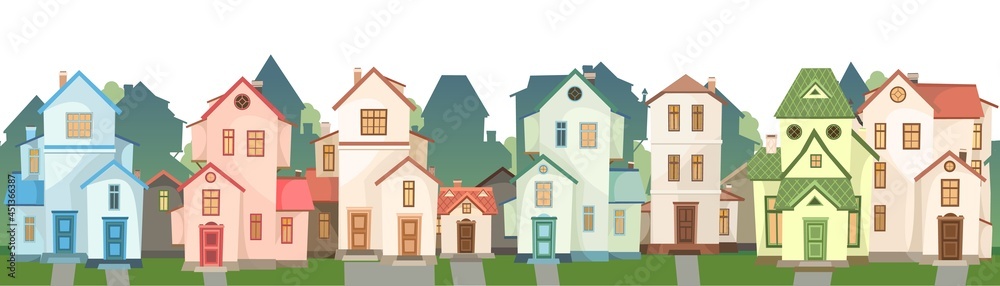 Street. Cartoon houses. Village or town. Seamless. A beautiful, cozy country house in a traditional European style. Nice funny home. Rural building. Isolated Vector