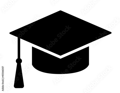 Black graduation cap isolated on a white background. Hat silhouette icon. Education symbol, mortarboard or graduation cap. Student accessory. Laconic flat style. Vector stock illustration.