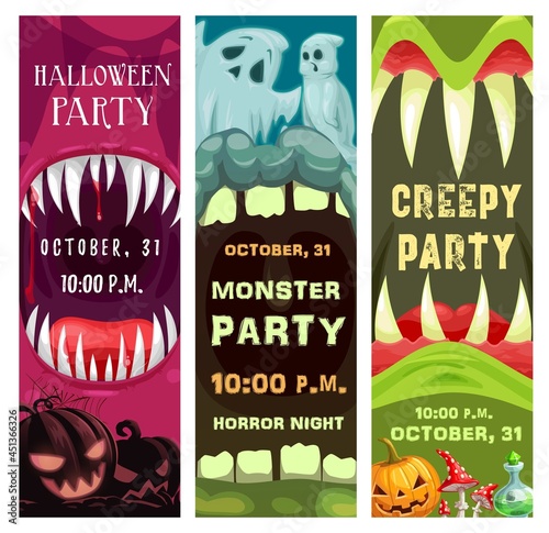 Halloween costumed party posters with monsters opened toothed maws. Pumpkin jack o lantern, creepy ghosts and magic potion cartoon vector. Halloween celebration party promotion banner or flyer