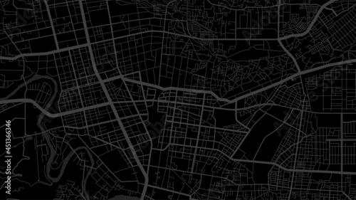 Dark black Sendai City area vector background map, streets and water cartography illustration.