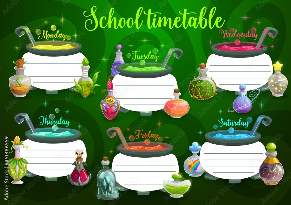 Kid school timetable with witch cauldron and magic potions. Children ...