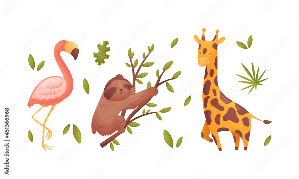 Cute exotic animals set. Pink flamingo, sloth and giraffe cartoon vector illustration Cute exotic animals set. Pink flamingo, sloth and giraffe cartoon vector illustration