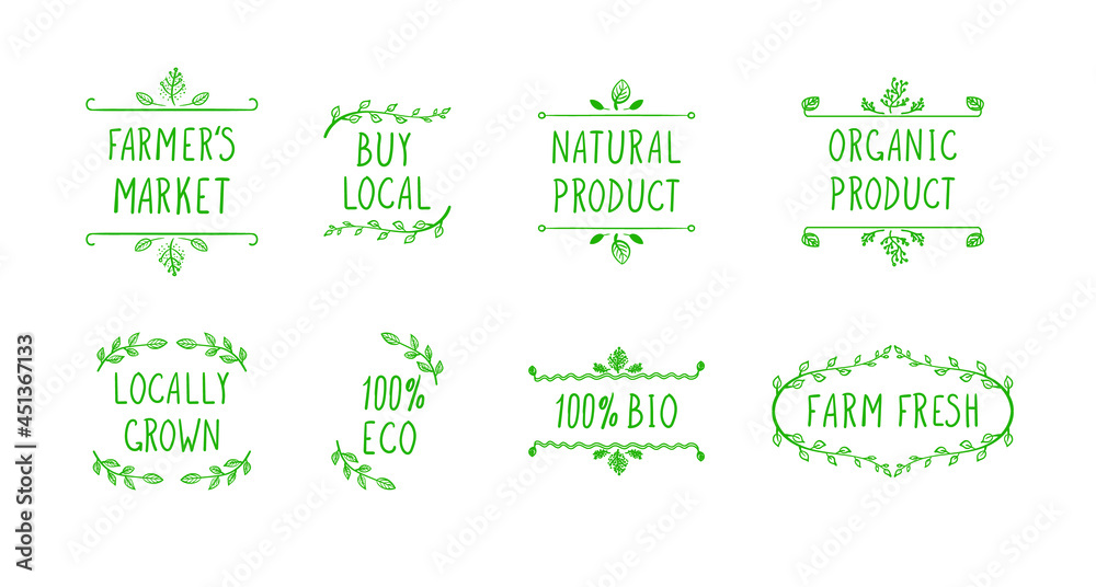 Vector Doodle Farm Icons, Hand Drawn Natural Frames, Green Color.