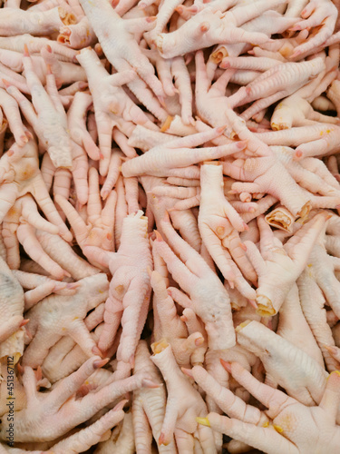 Full frame of lots of raw chicken feet.