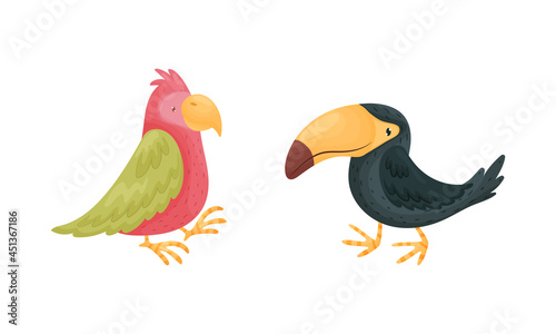 Cute exotic animals set. Toucan and parrot cartoon vector illustration © Happypictures