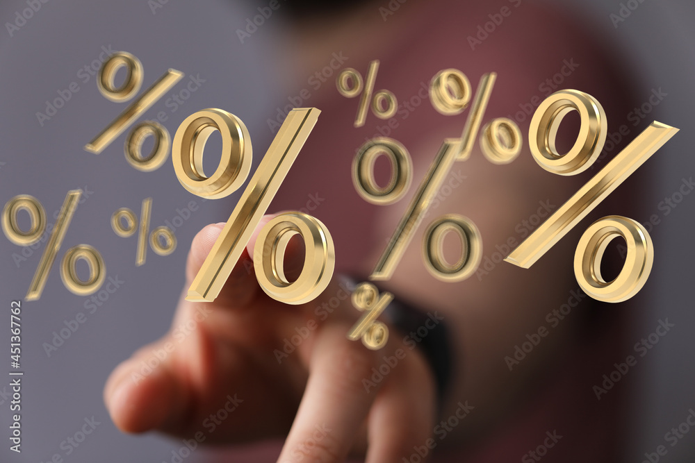Interest rates effect on stock market share prices and global economic inflation and deflation, percent symbol Interest rates effect on stock market share prices and global economic inflation and deflation, percent symbol