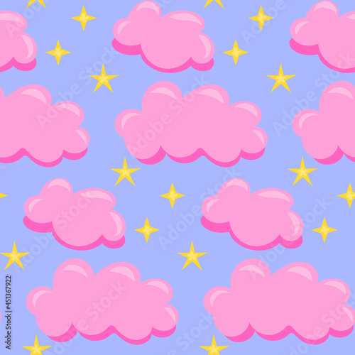 Pink clouds and stars background seamless pattern