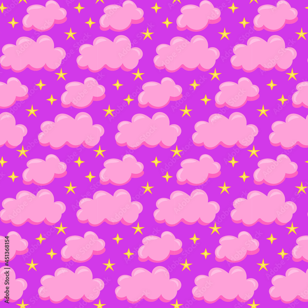 Pink clouds and stars background seamless pattern