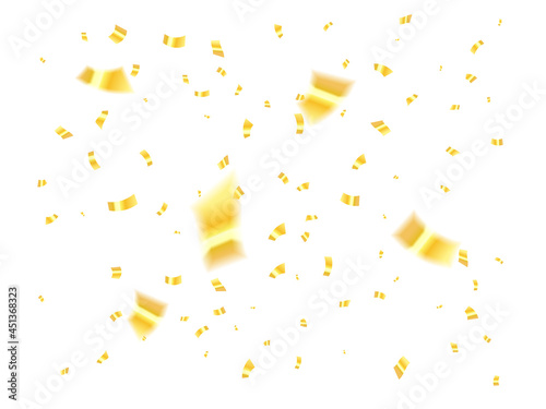 Falling shiny golden confetti isolated on white background. Bright festive tinsel of gold color