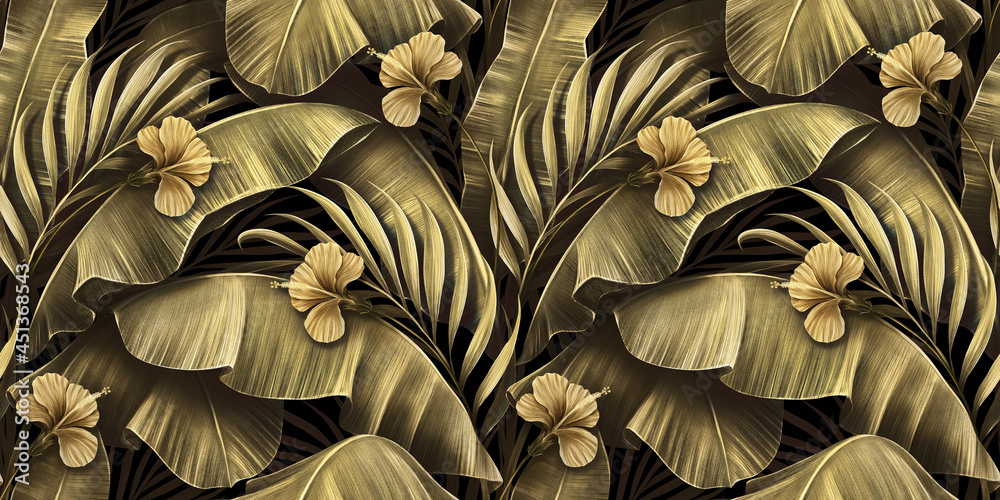 Tropical seamless pattern with golden hibiscus, vintage palm leaves, banana leaves. Hand-drawn premium 3D illustration. Glamorous exotic background. Good for luxury wallpapers, cloth, fabric printing - obrazy, fototapety, plakaty 