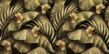 Tropical seamless pattern with golden hibiscus, vintage palm leaves, banana leaves. Hand-drawn premium 3D illustration. Glamorous exotic background. Good for luxury wallpapers, cloth, fabric printing
