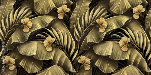 Tropical seamless pattern with golden hibiscus, vintage palm leaves, banana leaves. Hand-drawn premium 3D illustration. Glamorous exotic background. Good for luxury wallpapers, cloth, fabric printing photo