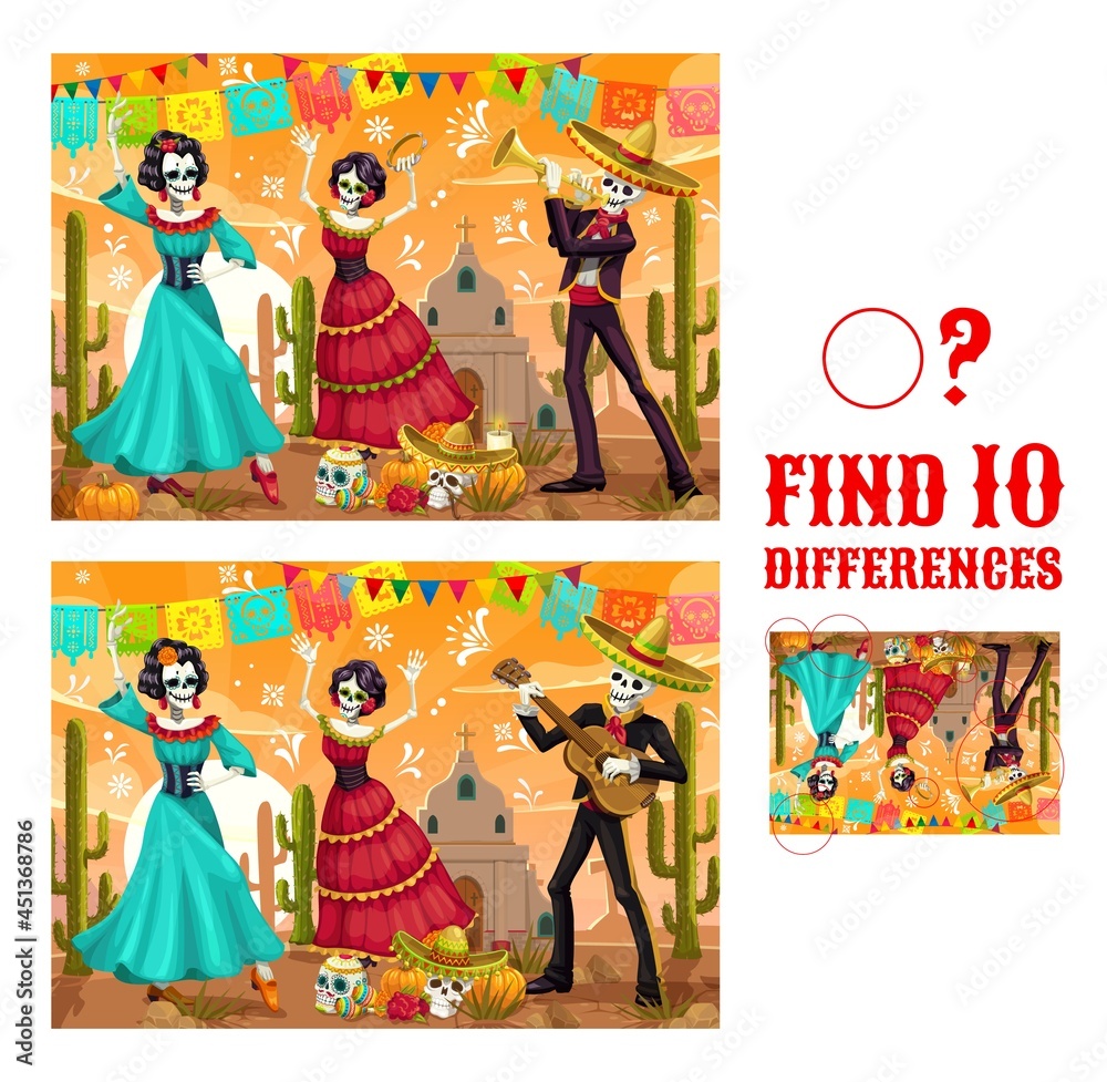 Dia de los Muertos find differences vector maze game with dancing  skeletons. Kids educational matching game or puzzle, worksheet template  with Day of Dead Mexican holiday skulls, sombrero, cactuses Stock Vector