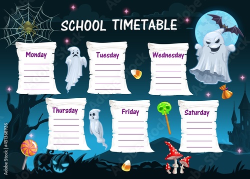Halloween school timetable with ghosts and holiday treats. Kids study planner, child week schedule vector template. Scary ghosts cartoon characters, bat and spider on web, pumpkin lantern and candies