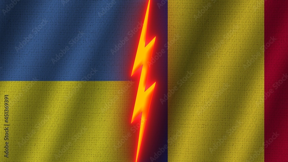 Naklejka premium Romania and Ukraine Flags Together, Wavy Fabric Texture Effect, Neon Glow Effect, Shining Thunder Icon, Crisis Concept, 3D Illustration