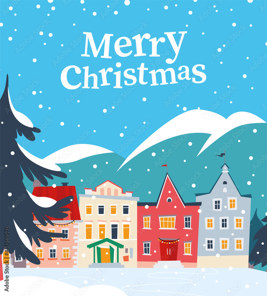 Merry Christmas card with text congratulation and beautiful winter snowy city in mountains landscape. Vector flat cartoon illustration. For banners, invitations, packaging, placards.