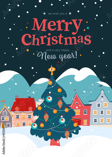 Winter holiday illustration with decorated xmas fir tree, cozy night village houses on snowy mountain landscape. Vector cartoon flat concept. For card, package, banner, invitation, flayer.