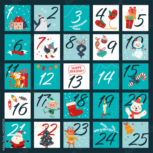 Christmas december advent calendar with numbered parts and cute winter Santa Claus, xmas elf, animals characters for cut down. Vector flat cartoon illustration.
