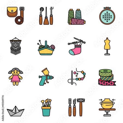 Craft work, Crafting handmade icons set 1 with white background. Colored Thin Line Style Stroke vector.