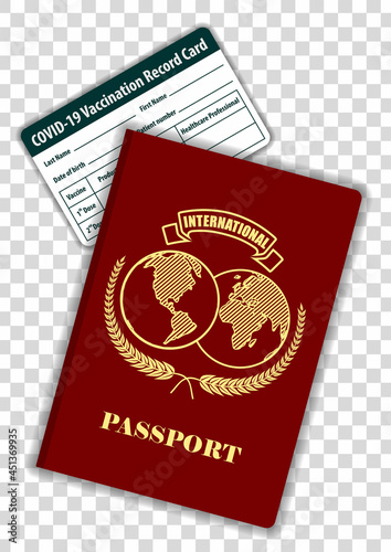 International Passport and Covid-19 Vaccination card isolated on transparent background. Mock Up Template. Vector illustration.