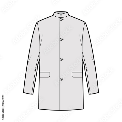 Nehru jacket technical fashion illustration with oversized, stand collar, flap pockets, oversized, long sleeves. Flat coat apparel template front, grey color style. Women, men, unisex CAD mockup
