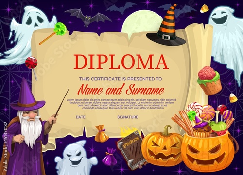 Diploma or certificate of kids education vector template with Halloween monsters background frame. Kindergarten, preschool or elementary school child graduation, winner award, achievement appreciation