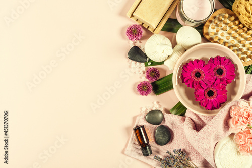Spa background, relaxation concept on pink background. Flat lay