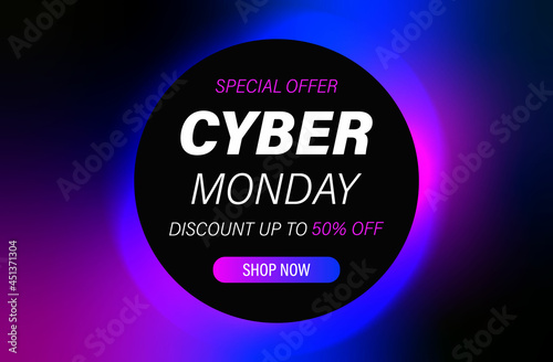 Banner, poster with gradient fluid, liquidity and text Cyber sale special offer 50 percent off discount in black round frame. Neon. 