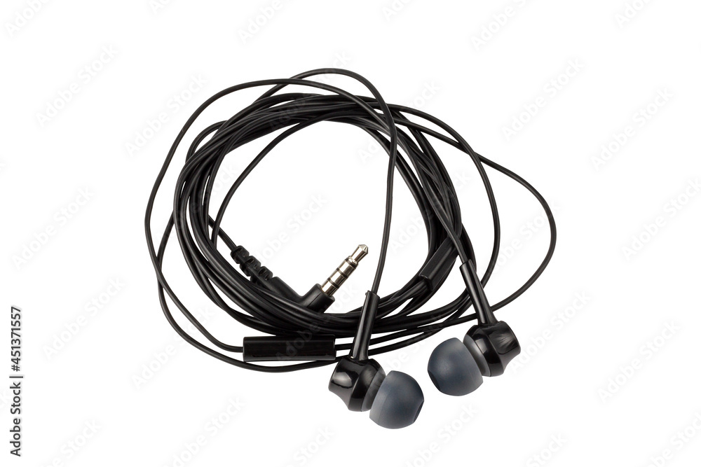 Black wired headphones on a white background. Audio headset isolated on white background. Black wired headphones on a white background. Audio headset isolated on white background.