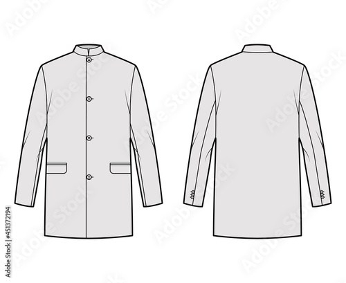 Nehru jacket technical fashion illustration with oversized, stand collar, flap pockets, oversized, long sleeves. Flat coat apparel template front, back, grey color style. Women, men, unisex CAD mockup photo