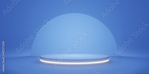 Blank blue gradient background with circle glowing product display platform. Empty studio with podium pedestal on a blue backdrop. 3D rendering © ptgregus