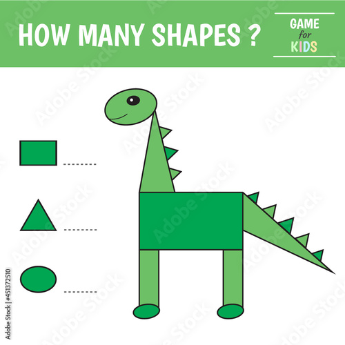 Educational game for kids. Dinosaur of geometric shapes. Count  ovals, triangles and rectangles. Preschool worksheet activity. Vector illustration
