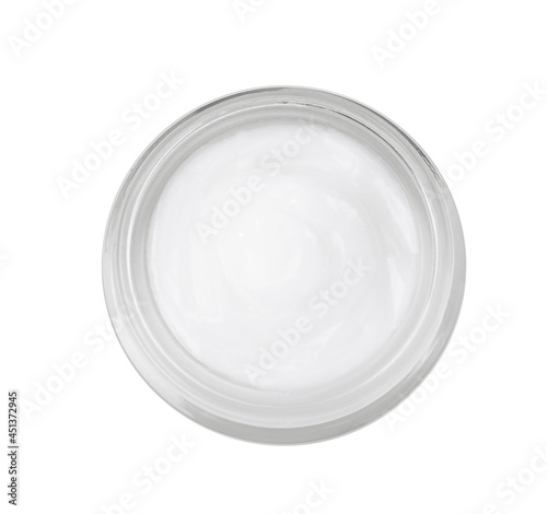 Cream in glass jar isolated on white, top view