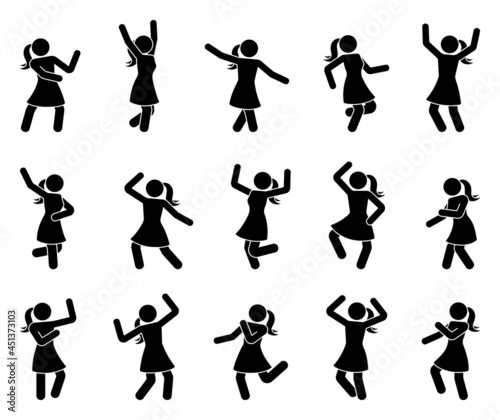 Happy stick figure woman dancing hands up different poses vector icon set. Stickman girl enjoying, jumping, having fun, party silhouette pictogram on white background