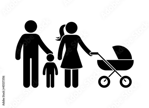Young stick figure family standing front view vector icon illustration set. Father, son, mother with stroller stickman silhouette pictogram on white background