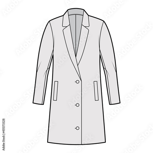 Oversized Blazer jacket suit technical fashion illustration with single breasted, long sleeves, notched lapel collar, thigh length. Flat coat template front, grey color style. Women, men CAD mockup