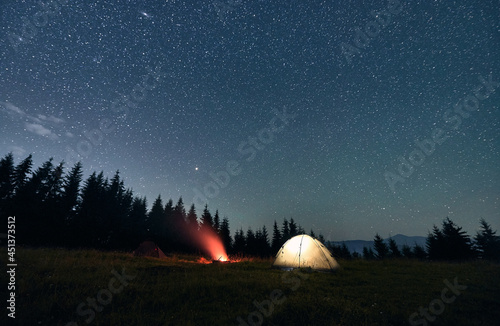 Wide angle view on beautiful landscape in the mountains. Illuminated tourist tent and campfire under starry sky. Mountains range behind spruces. Concept of night camping and astrophotography