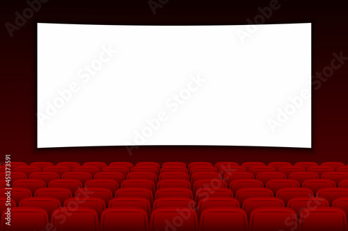 Cinema screen with Empty stage for film. Cinema movie theater with blank screen and red and chairs for presentation. Movie theater empty scene for copy space on the screen