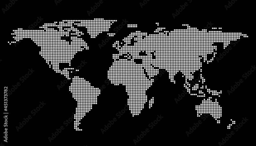 Vector World map in dotted style. Abstract graphic map of the world from black round dots. Vector illustration isolated on white background Vector World map in dotted style. Abstract graphic map of the world from black round dots. Vector illustration isolated on white background