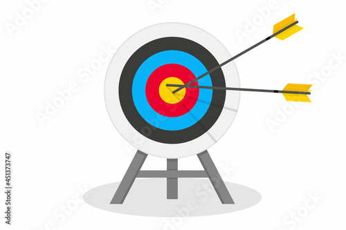 Arrow hitting target. Concept reaching the goal in business, investment goal, opportunity challenge, aim mission, task solution. Dart hit to center of dart board. Shooting target arrows