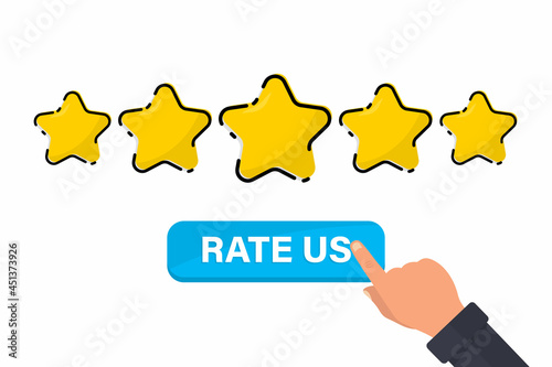 Five gold star rating. Satisfaction Rating and Leaving Positive Review. Online feedback reputation quality customer review. Review and rate us stars, business concept for apps and websites. Rate us