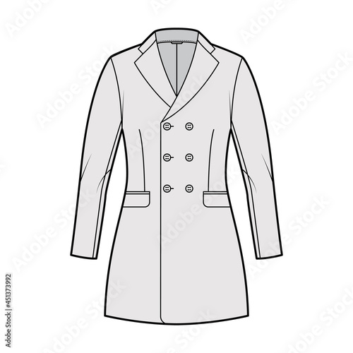 Fitted jacket double breasted suit technical fashion illustration with long sleeves, notched lapel collar, flap pockets, fingertip length. Flat Blazer coat template front, grey color. Women, men CAD