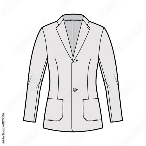 Blazer fitted jacket suit technical fashion illustration with single breasted, long sleeves, notched lapel collar, patch pockets, hip length. Flat coat template front grey color. Women, men CAD mockup