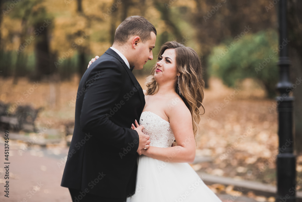 Perfect couple bride, groom posing and kissing in their wedding day Perfect couple bride, groom posing and kissing in their wedding day