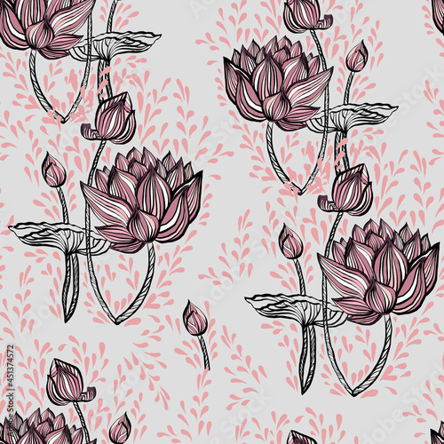 Seamless linear pattern with lotuses and pink drops on grey background