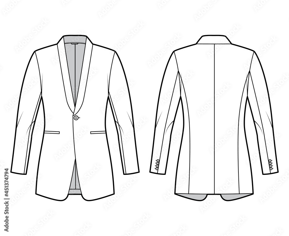 Dinner fitted jacket suit tuxedo technical fashion illustration with single  breasted, long sleeves, jetted pockets. Flat coat blazer template front,  back white color style. Women men unisex CAD mockup Stock Vector