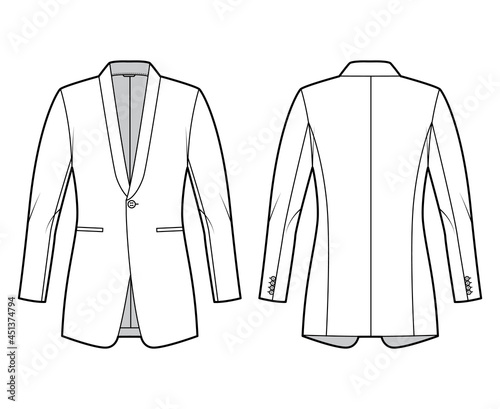 Dinner fitted jacket suit tuxedo technical fashion illustration with single breasted, long sleeves, jetted pockets. Flat coat blazer template front, back white color style. Women men unisex CAD mockup