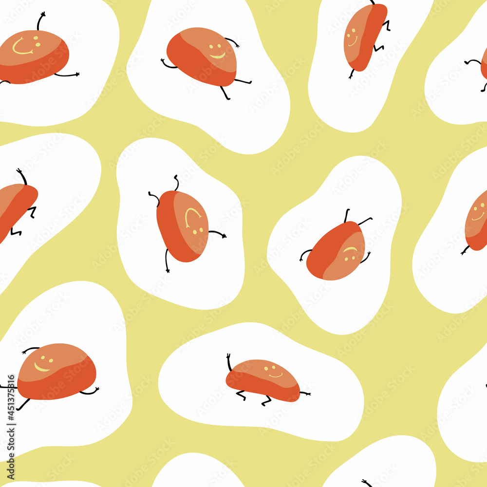 Cute seamless Fried Eggs pattern on yellow background. Vector illustration.